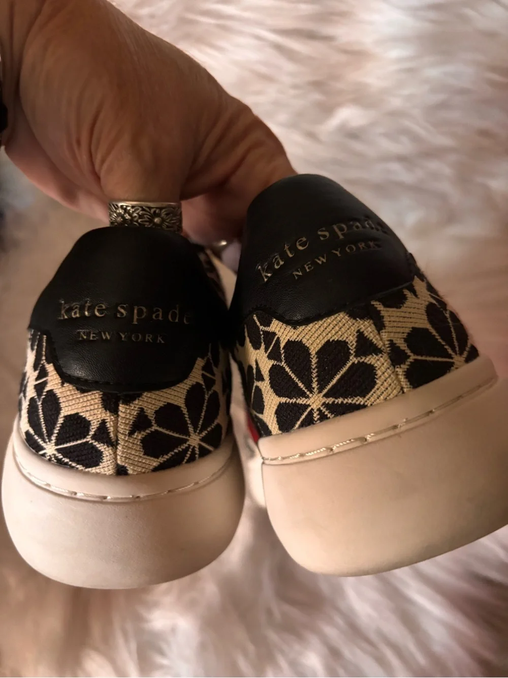 Kate Spade Black & White Floral Lace-Up Sneakers with Red and Pink Stripes